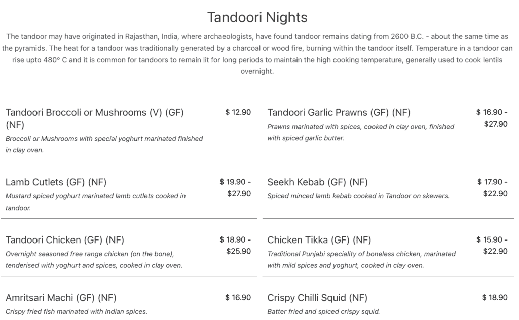 tandoori nights menu spice n ice